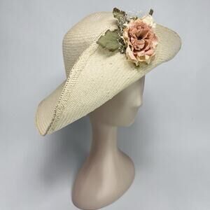 Vintage 80s Floral Straw Sun Hat Wide Brim Cottagecore Garden Party